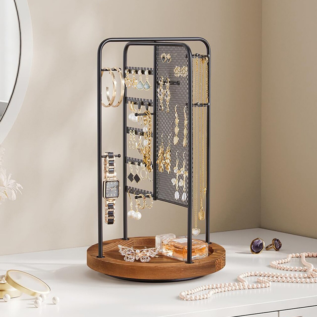 360-Degree Rotating Necklace Earring Holder With Wooden Base Metal Construction Multi-Layers Design High Stability